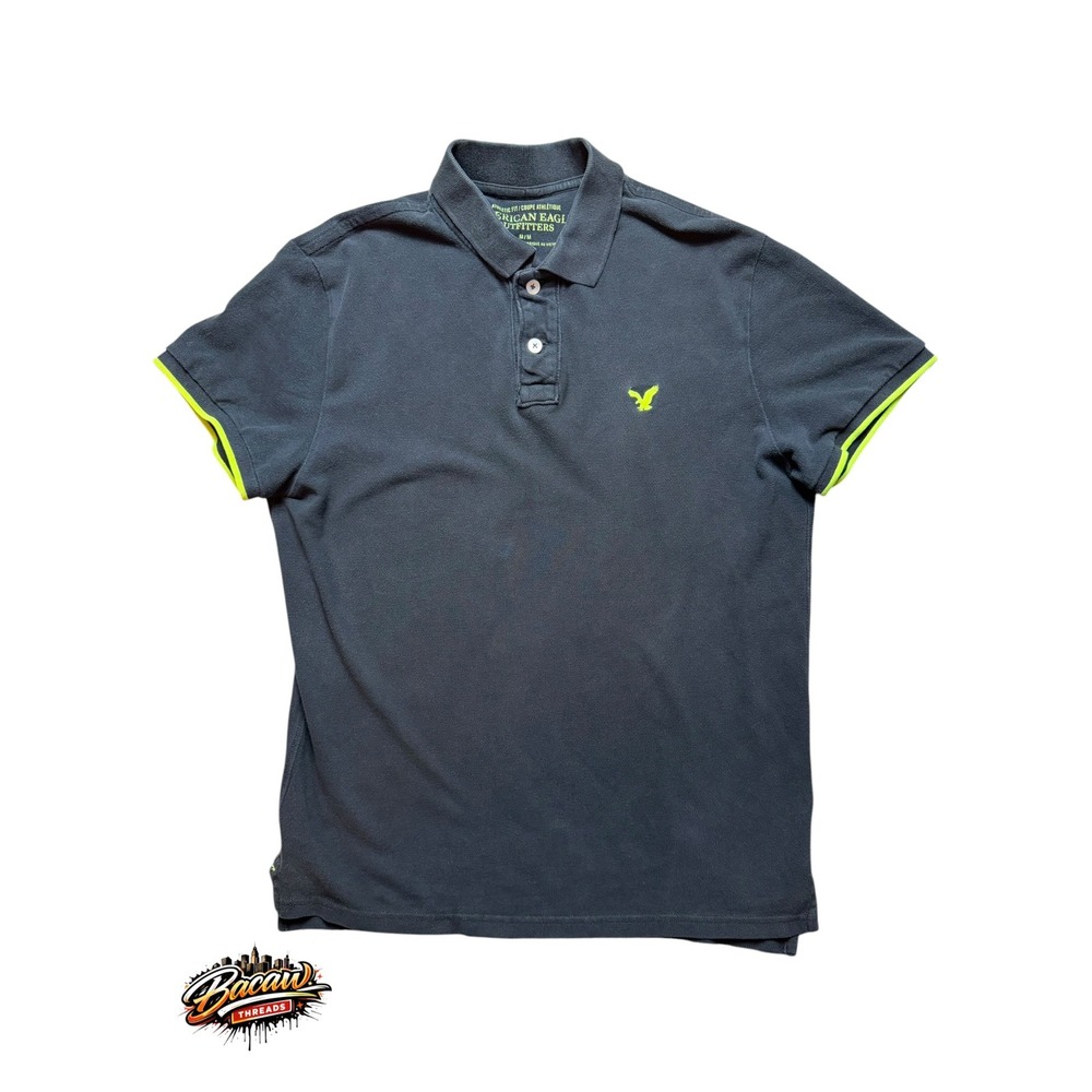 American Eagle Men's Athletic Fit Polo Shirt Black Neon Green Eagle Logo Medium